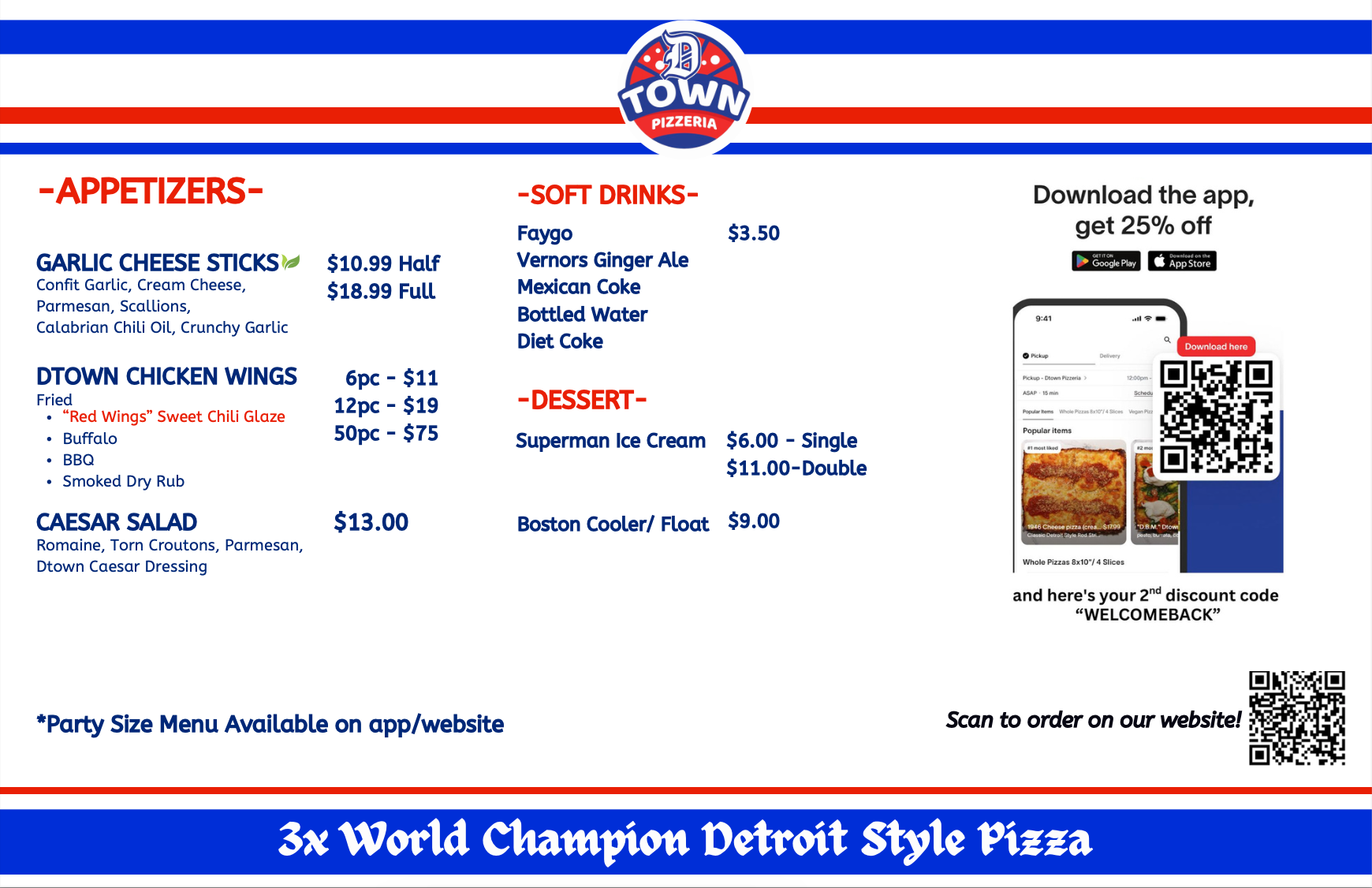 Dtown Pizzeria appetizers, soft drinks, and dessert menu with prices